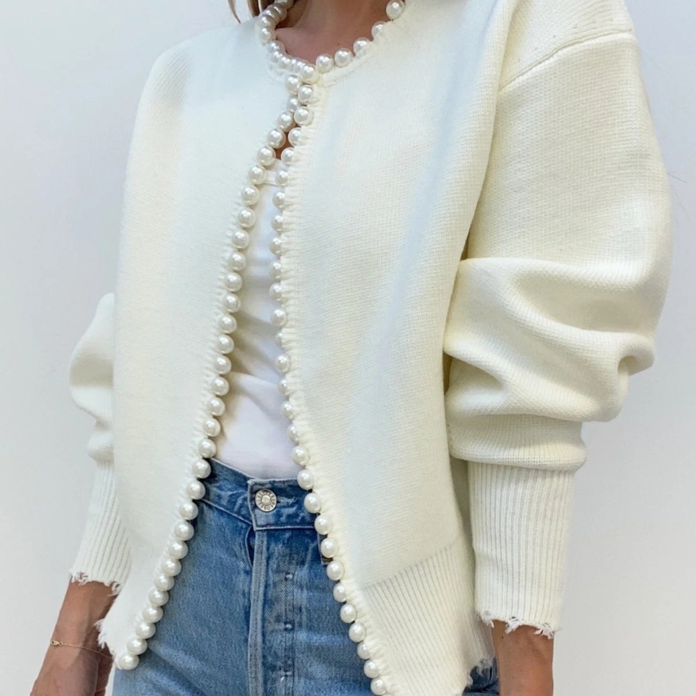 Commense Pearl-Embellished White Spring Cardigan s. M